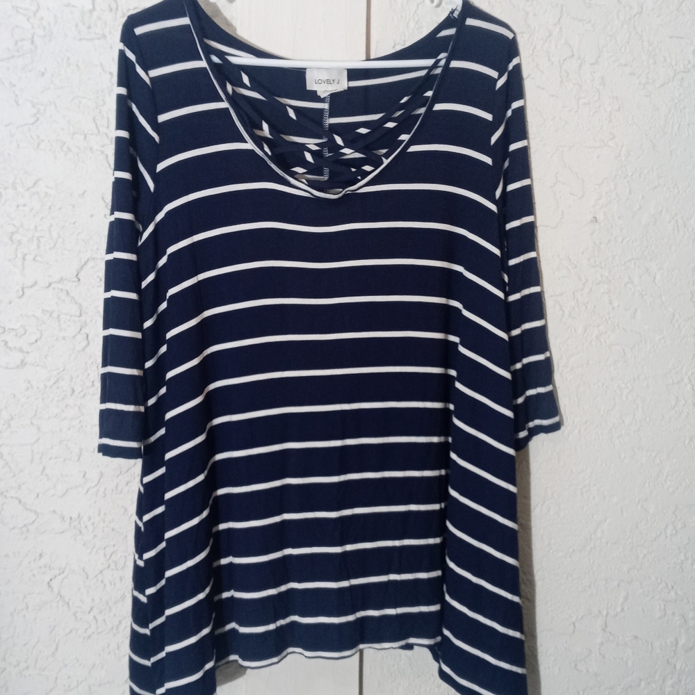 Lovely J | Large 3/4 Sleeve Navy/White Striped Blouse